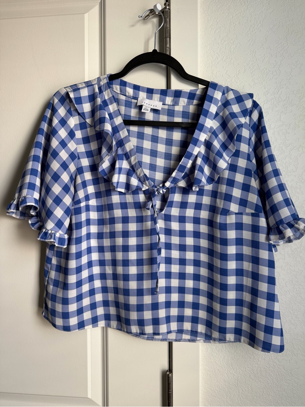 Topshop Blue and White Gingham Ruffle Tie-Front Blouse